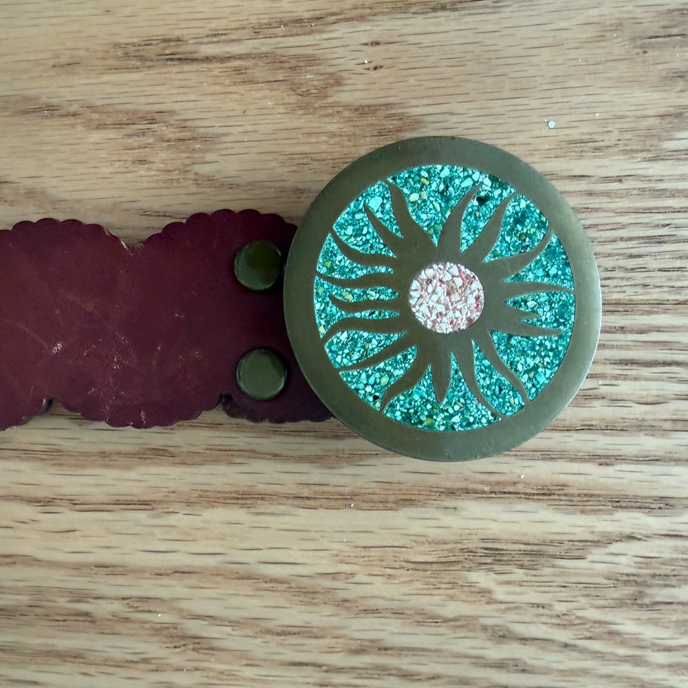 Lucky Brand Teal and Brown Leather Belt with Sunburst Medallion